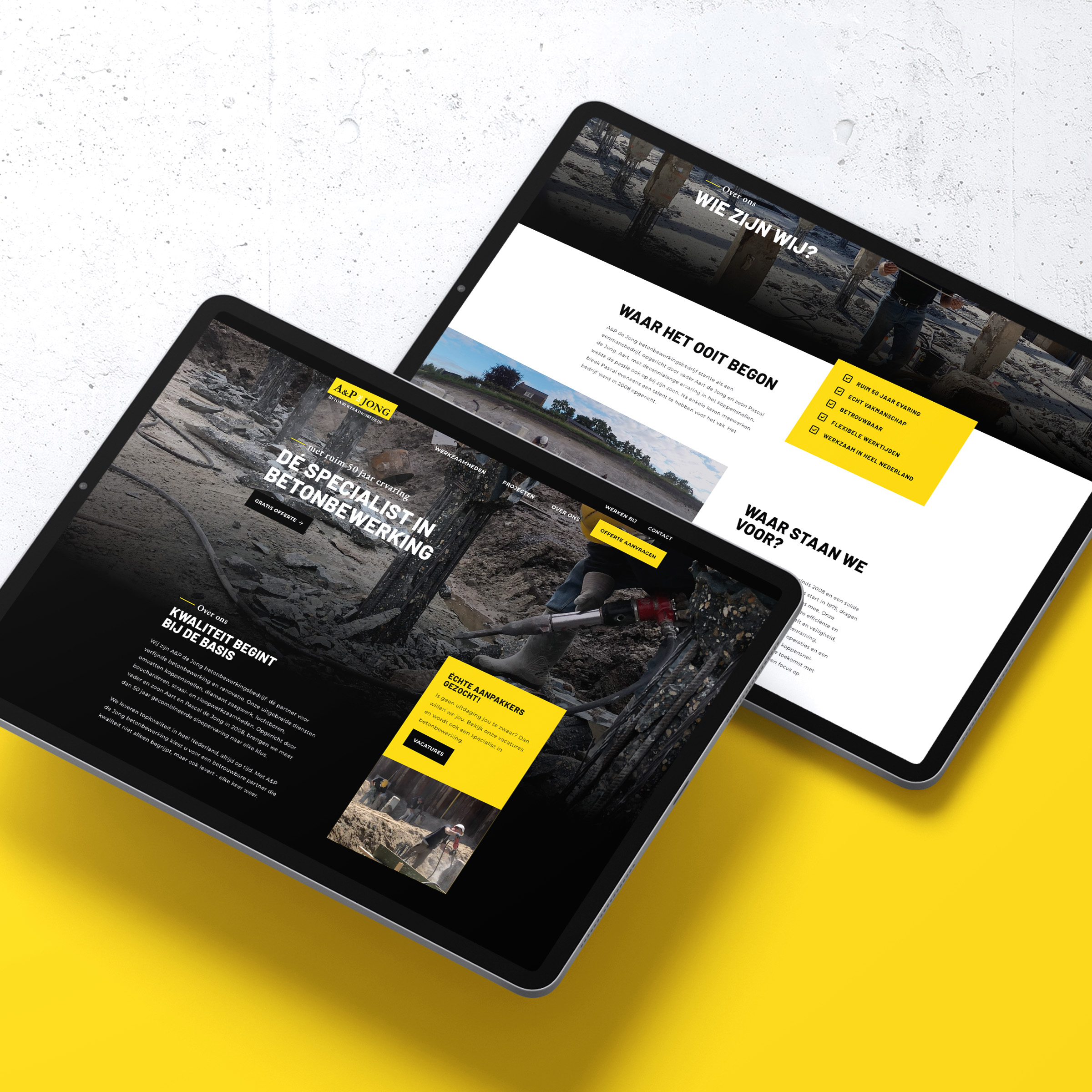 Mock-up tablet website van De Jong Betonbewerking